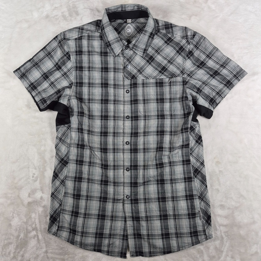 Club Ride Button Up Shirt Men's Small Gray Plaid Short Sleeve Snap Cycling Bike